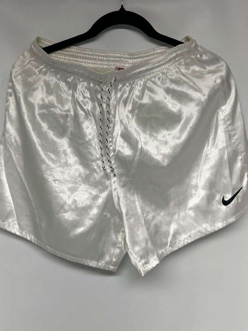 Vintage Nike White Satin Running Shorts with Black Swoosh